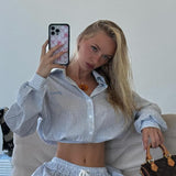 Early Autumn Letter Simple Striped Long-Sleeved Loose Shirt Women Fashion Drawstring With High Belt A-Type Skirt HZ0107