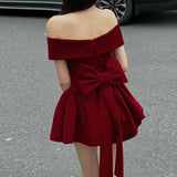 Turn The Edge V-Neck A Word On The Shoulder Christmas Red Princess Dress Hottie Bow Sexy Waist Short Skirt HZ0107