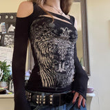 Y2K Dark Wind Street Personality Wing Print Long-Sleeved T-Shirt Design Hollow Irregularly Exposed Shoulder Dress Woman HZ0107