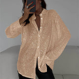 Spring/Summer 2025 New Pearl Blouse Collared Long-Sleeved Sleeve-Jersey Basic Women's Shirt Coat HZ0108