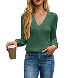 2025 Autumn And Winter New Multi-Level V-Neck Solid Color Long-Sleeved Lady T-Shirt HZ0108