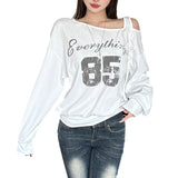 Hottie Wind Slanted Shoulder With Letter Print Loose T-Shirt Girl Autumn Casual Fashion With Long-Sleeved Top HZ0107