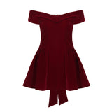 Turn The Edge V-Neck A Word On The Shoulder Christmas Red Princess Dress Hottie Bow Sexy Waist Short Skirt HZ0107