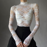 Spring/Summer 2025 New Hottie Perspective Lace High-Necked Long-Sleeved T-Shirt Thin Short Top HZ0107
