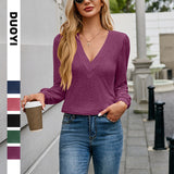 2025 Autumn And Winter New Multi-Level V-Neck Solid Color Long-Sleeved Lady T-Shirt HZ0108