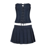 Street Hot Babes Heavy-Working Imitation Cowboy Front Chest Strapted Bras Waist Small Hundred Folded Short Skirt Woman Thin HZ0107