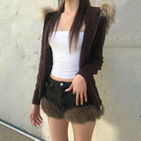 Mid-Winter 2025 New Retro Hair Stitched With Denim Shorts Hot Girl Warm Fashion Low-Waisted Hip Hot Pants HZ0107