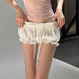 2025 Women's Ins Hot Girls Lotus Edge Girls Summer High-Waist Small Hot Babes Draw Rope Thin Flower Tidly Shorts Tide HZ0107