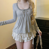 Early Autumn New Pure Hottie Style Stripe Spliced Bow Tie With Round-Neck Long-Sleeved T-Shirt Blouse Girl HZ0107