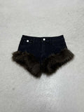 Mid-Winter 2025 New Retro Hair Stitched With Denim Shorts Hot Girl Warm Fashion Low-Waisted Hip Hot Pants HZ0107