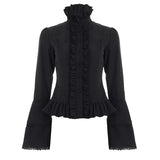 Court Style Black Collar Wood Ear Shirt Autumn Dark Babes Personality Long-Sleeved Top Woman HZ0107