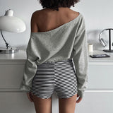 Street Style Personality Lips Printed Gray Edgy Woman Comfortable Loose Short-Sleeved Long-Sleeved Top HZ0107