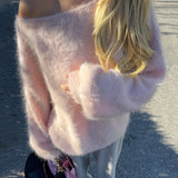 Sweet Girl Wind Solid Water Stinger Hairy Shoulder Languid Loose Sweater Oblique Shoulder Collar Long Sleeve Top HZ0108