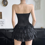 Spice Girl Fish Bone Waist Level Feeled Bosom Cake Skirt Bumping Color Bow Bow Back One-Word Collar Dress HZ0107