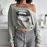 Street Style Personality Lips Printed Gray Edgy Woman Comfortable Loose Short-Sleeved Long-Sleeved Top HZ0107