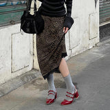 Vintage Leopard Splicing Lace Skirt Autumn New Trendy High Waist Slim Long Dress HZ0107
