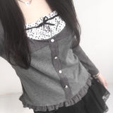 Girls Wind Fake Two Wave Dot Square Collar Splicing Buckle Top Dress Girl 2025 Bumping Small Bow Bow Wood Ear T-Shirt HZ0107