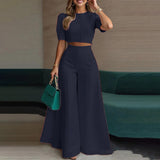 Autumn 2025 New Women's Sexy Round Collar Blouse High-Waist Broad Leg Trousers Fashion Casual Set HZ0108