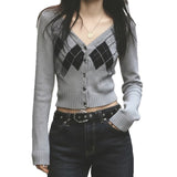 Vintage College Rally Rally Woven Cardigan Blouse Vintage Old-Sense Short V-Necked Hottie Sweater Woman HZ0107