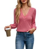 2025 Autumn And Winter New Multi-Level V-Neck Solid Color Long-Sleeved Lady T-Shirt HZ0108