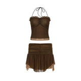 Vintage Pure-Want Wind Hanging Neck With Mesh Double Slings Girl Low-Waist Folds Irregular Skirt Two-Piece Cover HZ0107