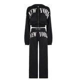New Letter-Printing Street Trend Style Hooded Solid-Color Set Zippered Sweater + Casual Trousers HZ0108