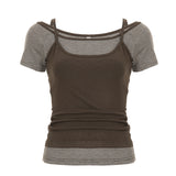 Pure Hot Babes Hit The Color Repair Casual Two-Piece Blouse Summer Round Neck T-Shirt Folded Small Sling Girl HZ0107