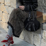 Vintage Leopard Splicing Lace Skirt Autumn New Trendy High Waist Slim Long Dress HZ0107