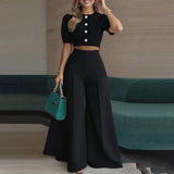 Autumn 2025 New Women's Sexy Round Collar Blouse High-Waist Broad Leg Trousers Fashion Casual Set HZ0108