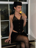Sexy Style Retro Modern Fashion Skirt Women's Lace Splicing Hanging Neck Vest + Solid Color A Word Skirt HZ0108