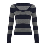 Vintage Sexy V-Neck Striped Wool Blouse New Slimy Individual Street Sleeve Sweater HZ0108