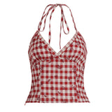 Summer Retro Red Lattice V-Neck Hanging Neck Sling Design Sense To Open The Body Of The Exposed Hottie Waistcoat Blouse Woman HZ0107