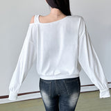 Hottie Wind Slanted Shoulder With Letter Print Loose T-Shirt Girl Autumn Casual Fashion With Long-Sleeved Top HZ0107