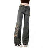 Spiced Beads Embroidered Floral Design To Make Old Water Wash Micro-Tipped Jeans Retro Low-Rise Thin Casual Trousers HZ0107