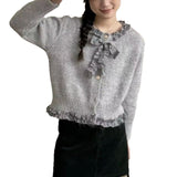 Korean Chic Wood Ear Splicing Round Collar Knitted Cardigan Women's Autumn Women's Autumn Design Bow Sweater Coat HZ0108