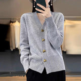 2025 Autumn And Winter New Pure Color Simple Knitted Shirt Love Buckle V Collar Women's Cardigan Outside The Loose Sweater Jacket HZ0108