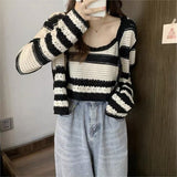 Striped Knitted Cardigan Female Design Sense Of A Small Pure Windy Hottie Short Top Summer Autumn Chic Sling Two Sets HZ0108