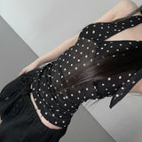 2025 New Black Wave Point Bare Back V-Neck Hanging Neck Top Female Design Temperament Waist Ocean Vest HZ0107