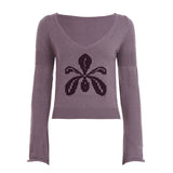 Mid-Winter 2025 New Lazy Comfortable V-Neck Flower Knitting Blouse Purple Gentle Wind Long-Sleeved Sweater Woman HZ0107
