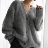 Imitational Stingu-Knit Sweater Cardigan 2025 Autumn/Winter Languid Loose Long-Sleeved Long-Sleeved V-Neck Sweater Coat Woman HZ0108