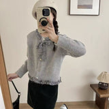 Korean Chic Wood Ear Splicing Round Collar Knitted Cardigan Women's Autumn Women's Autumn Design Bow Sweater Coat HZ0108