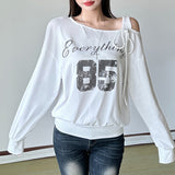 Hottie Wind Slanted Shoulder With Letter Print Loose T-Shirt Girl Autumn Casual Fashion With Long-Sleeved Top HZ0107