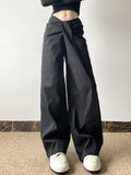 Street Style Personality Irregular Kinescing Waist Casual Pants Women Low-Waist Solid-Colored Loose-Legged Woven Trousers HZ0108