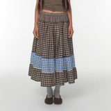 Vintage Lattice Splicing And Colliding Color Simple And Half-Dressed Dress Girl Summer New Design Long Dress HZ0107