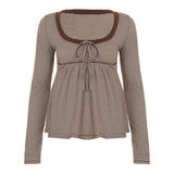 Early Autumn New Pure Hottie Style Stripe Spliced Bow Tie With Round-Neck Long-Sleeved T-Shirt Blouse Girl HZ0107