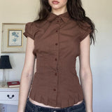 New Waist-Skinny Collar Shirt Street Hot Girl With Lace Wrinkles Top 2025 Summer HZ0107