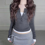 Spice Girl Style Half-Buckle V-Neck Fake Two T-Shirts In The Autumn New Dress-Up With A Bottom Shirt Woman HZ0107