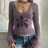 Mid-Winter 2025 New Lazy Comfortable V-Neck Flower Knitting Blouse Purple Gentle Wind Long-Sleeved Sweater Woman HZ0107