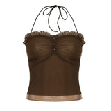 Vintage Pure-Want Wind Hanging Neck With Mesh Double Slings Girl Low-Waist Folds Irregular Skirt Two-Piece Cover HZ0107