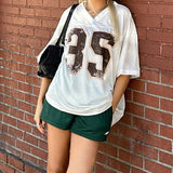 Street Wind Oversize Letter-Print Short-Sleeved T-Shirt V-Neck Loose Thin Foundation Blouse HZ0108